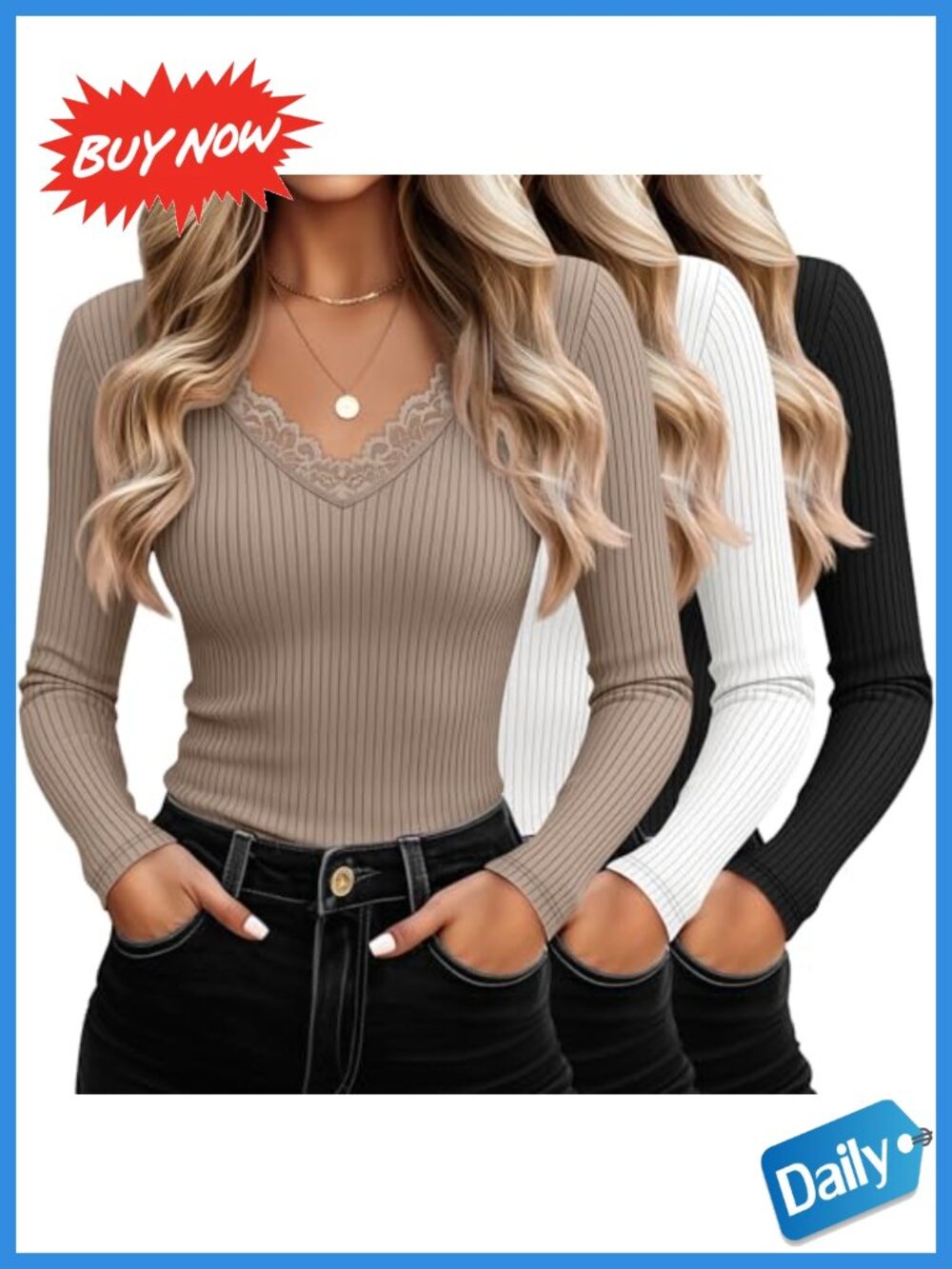 Women's Cotton Ribbed Lace Trim V-Neck Long Sleeve T-Shirt 3 Pack